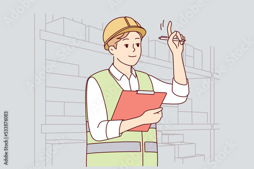 Man in uniform and helmet working in warehouse. Smiling male engineer or mechanic at storehouse or depot. Occupation and profession. Vector illustration. 