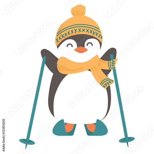 cherrful penguin in yellow hat and scarf are skiing