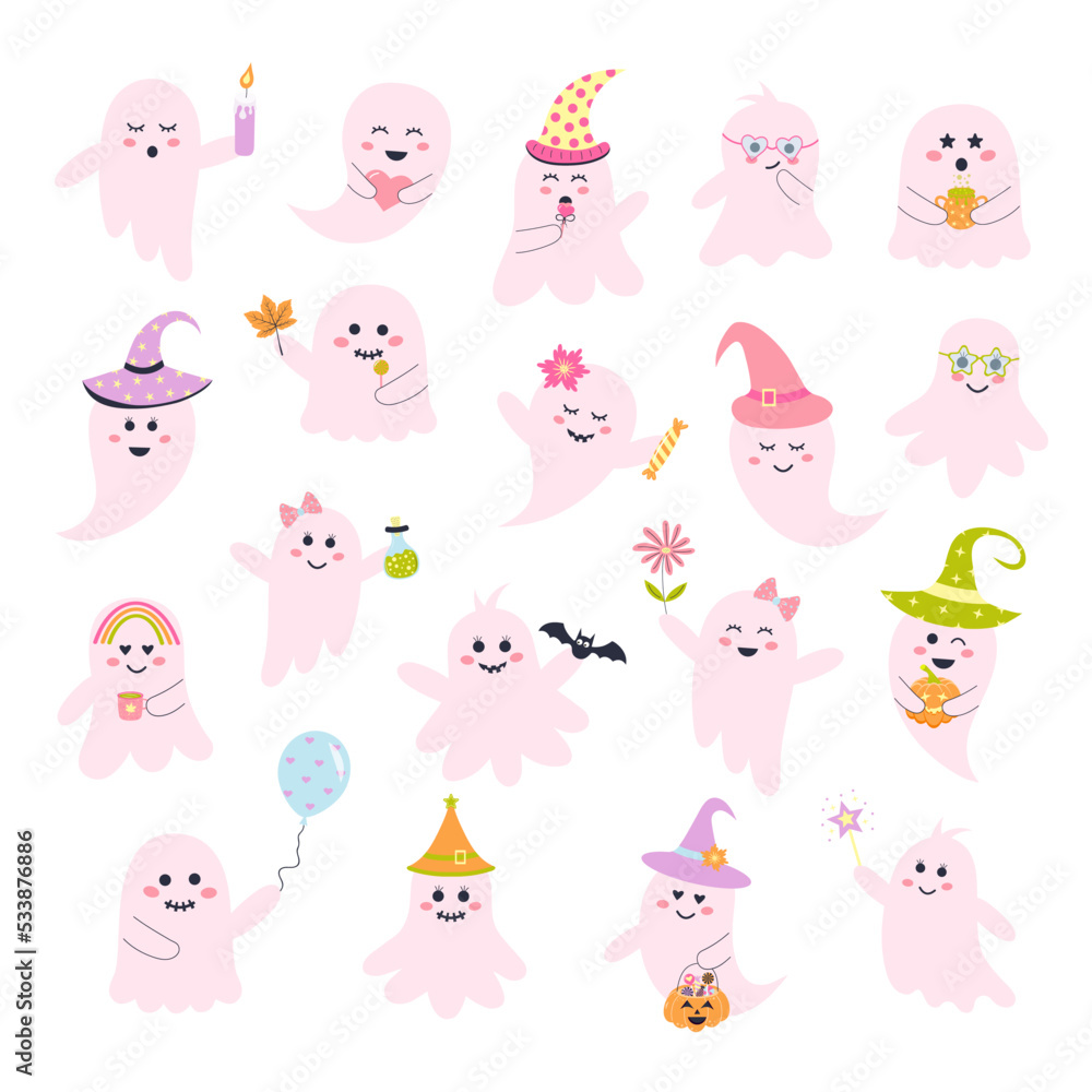 Cute pink halloween ghosts set. Creepy baby boo characters for kids. Magic scary spirits with different emotions, facial expressions and accessories. Perfect for holiday, decoration, stickers, icons. Cute pink halloween ghosts set. Creepy baby boo characters for kids. Magic scary spirits with different emotions, facial expressions and accessories. Perfect for holiday, decoration, stickers, icons.