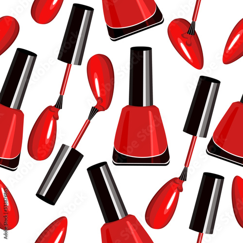 Seamless pattern of red nail polish,brush,nail isolated on a white background.Vector illustration for beauty salon designs,cosmetics packaging.