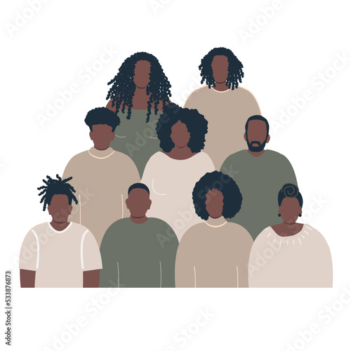 Crowd of people. Group of black people. Stronger together concept. Solidarity of different men and women. Different human silhouettes. Vector illustration