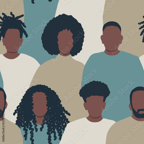 Seamless background with black people. There are silhouettes of different men and women. Pattern with people icons. Crowd. Vector illustration