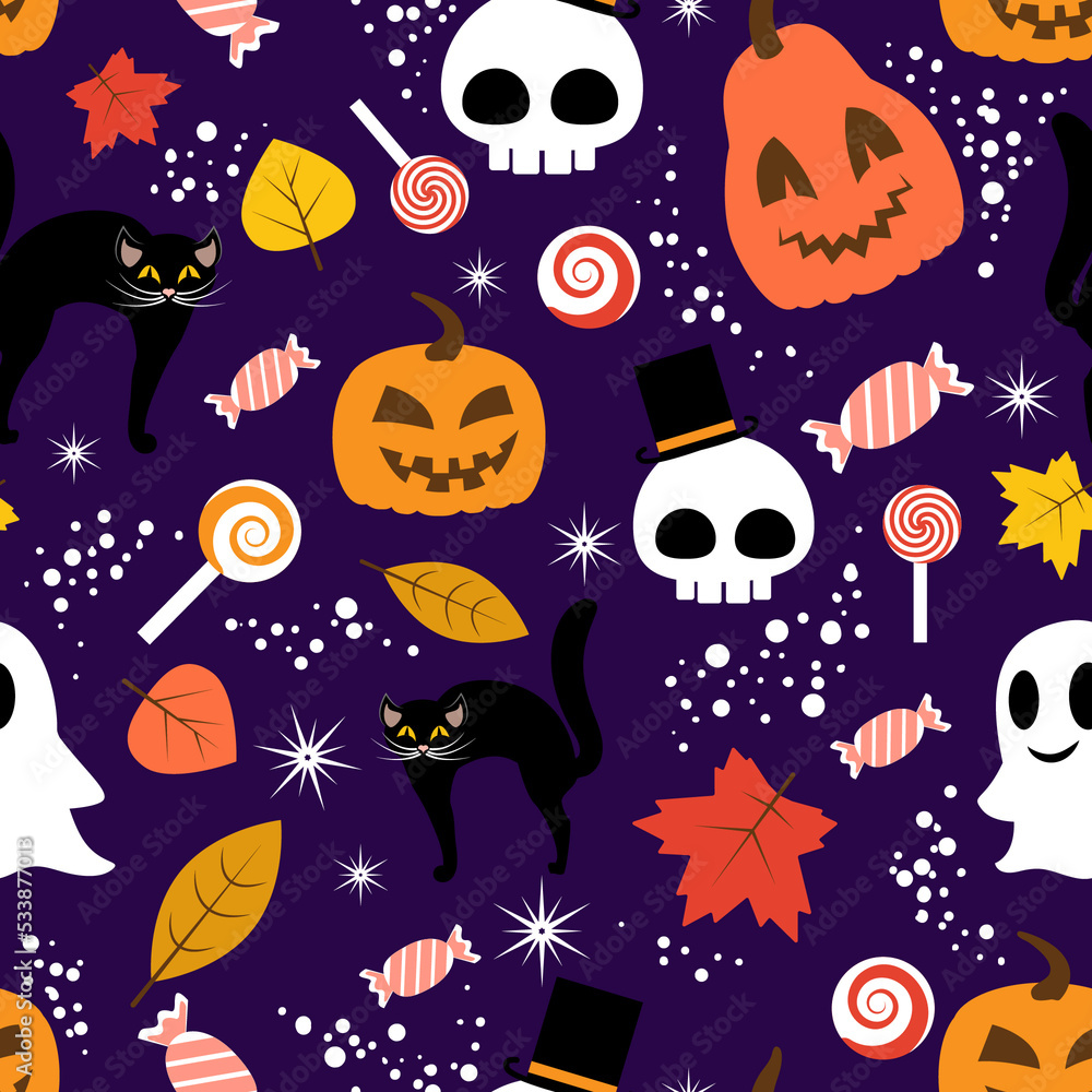 Seamless pattern halloween design with pumpkins, skull, ghost, black cat, leaves and candy Seamless pattern halloween design with pumpkins, skull, ghost, black cat, leaves and candy