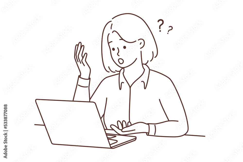 Woman look at laptop screen confused with problem Woman look at laptop screen confused with problem