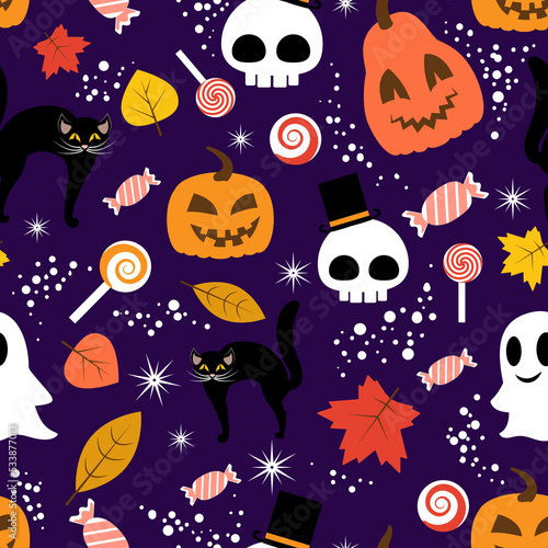Seamless pattern halloween design with pumpkins, skull, ghost, black cat, leaves and candy