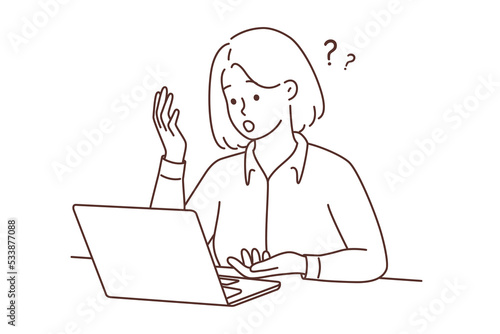 Woman look at laptop screen confused with problem 