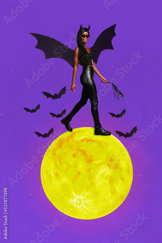 Vertical collage image of gothic girl walk mini moon flying bats isolated on creative painted background photo