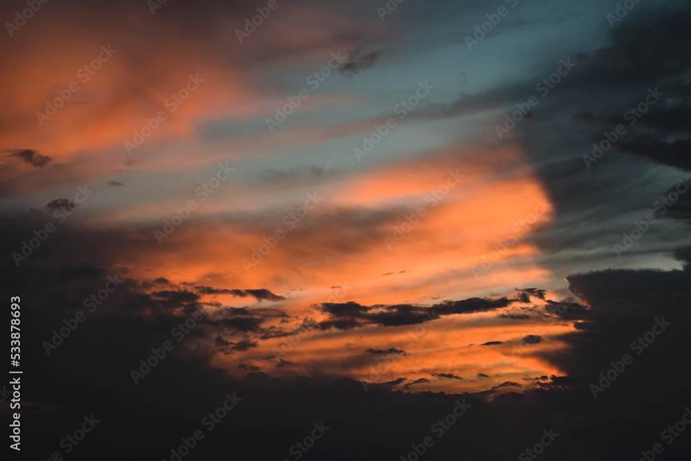 Fototapeta premium Summer evening yellow sky cloud gradient light white background. Beauty clear cloudy in sunset calm bright winter air background Gloomy vivid orange landscape environment sunrise horizon skyline view 