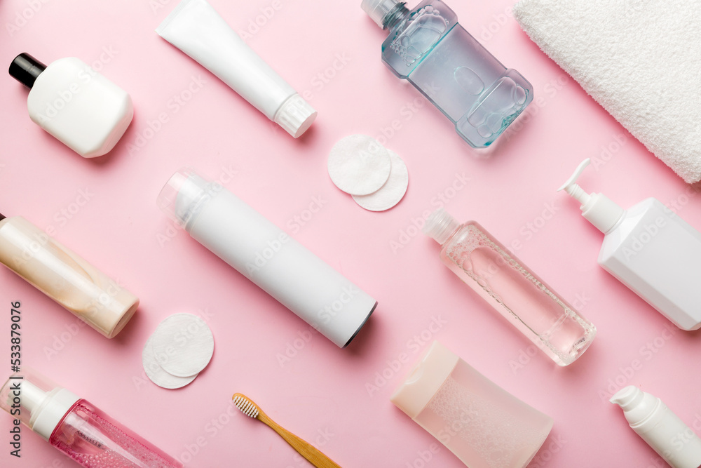Mockup for bathing products top view flat lay, spa razor, toothpaste, soap, gel and other various accessories. Cosmetics for skin health. Bath Mockup for your logo Mockup for bathing products top view flat lay, spa razor, toothpaste, soap, gel and other various accessories. Cosmetics for skin health. Bath Mockup for your logo