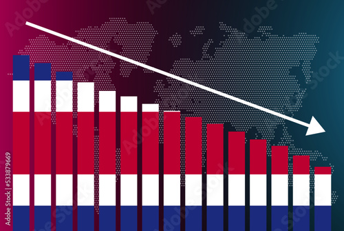 Costa Rica bar chart graph, decreasing values, crisis and downgrade concept, news banner idea, fail and decrease