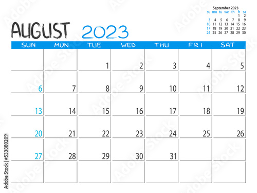 Calendar 2023 year. August 2023 planner. Desctop calendar design. 2023 month planner. Life or business planner. Place for notes. Printable template.