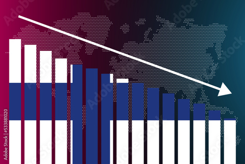 Finland bar chart graph, decreasing values, crisis and downgrade concept, news banner idea, fail and decrease