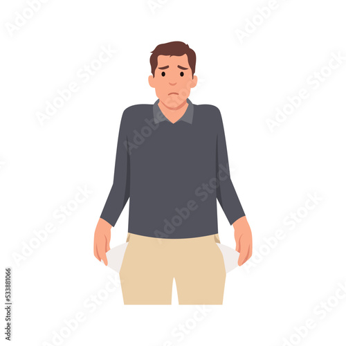 Young man with No money. Man with pockets turned outward. Flat vector illustration isolated on white background