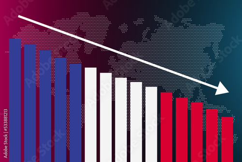 France bar chart graph, decreasing values, crisis and downgrade concept, news banner idea, fail and decrease