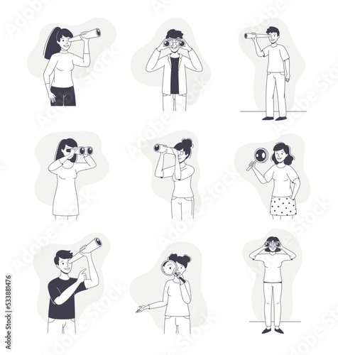 People Character with Telescope and Magnifying Glass Looking in Future Vector Set