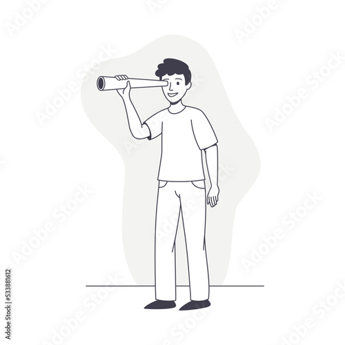 Man Character with Telescope Looking in Future Observing Vector Illustration
