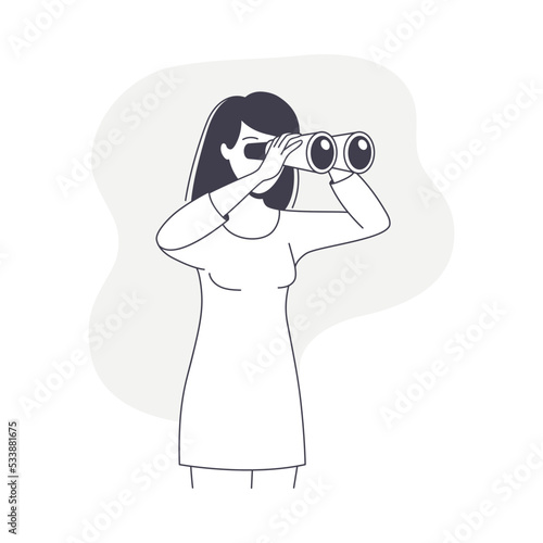 Woman Character with Binoculars Looking in Future Observing Vector Illustration