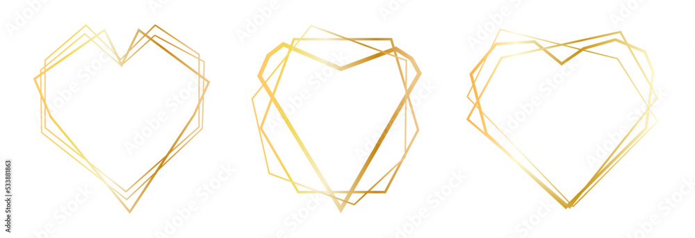 Set of geometric gold heart frames isolated on white.Golden Geometrical ...