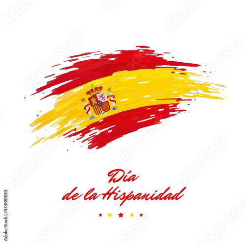 October 12, national day spain, vector template. Spanish flag painted with brush strokes on light background. Spain holiday of october 12th. Greeting card. Translation National Day Spain photo