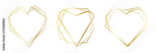 Set of geometric gold heart frames isolated on white.Golden Geometrical heart frames.Simple abstract golden heart frames.Set of luxury gold frames collection.Wedding invitation elements.