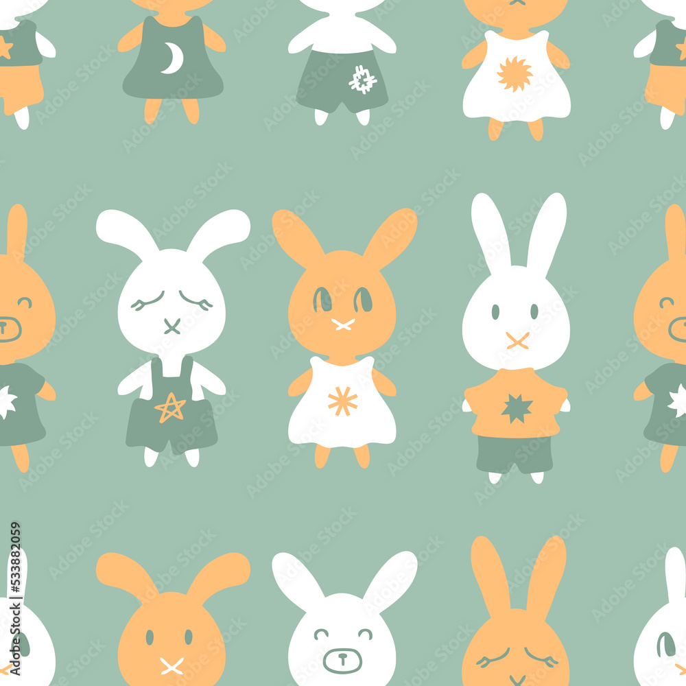Cartoon style cute bunny seamless pattern. Perfect childish print for tee, textile and fabric. Hand drawn vector illustration for decor and design.