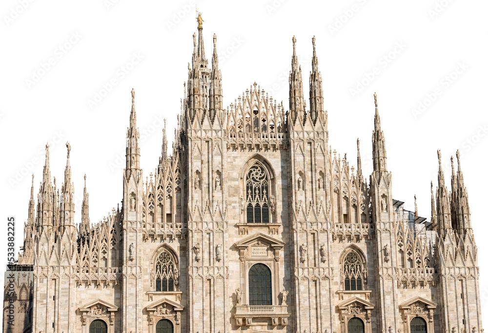 Fototapeta premium Facade of the Duomo di Milano isolated on transparent background (Milan Cathedral 1418-1577). Church, monument symbol of Lombardy, Italy, Europe. Photography, png.