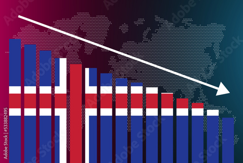 Iceland bar chart graph, decreasing values, crisis and downgrade concept, news banner idea, fail and decrease