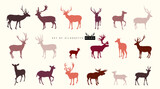 Set of silhouette of beautiful stylized deers. Collection of silhouettes of wild animals the deer family. Сhristmas animals for decorative elements. Vector illustration on white background