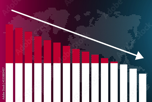 Indonesia bar chart graph, decreasing values, crisis and downgrade concept, news banner idea, fail and decrease