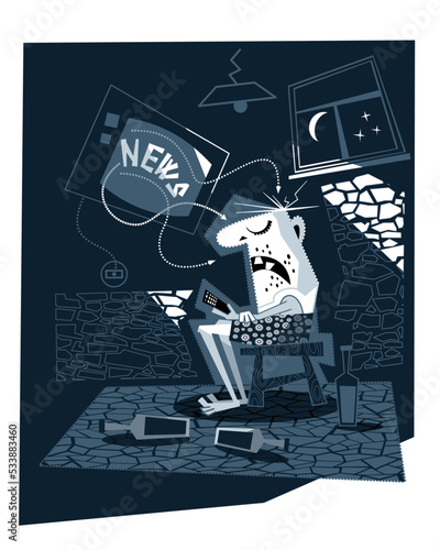 A man sleep at the TV screen. Vector illustration.