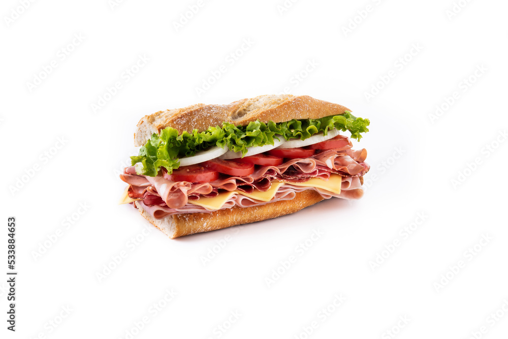 Submarine sandwich with ham, cheese, lettuce, tomatoes,onion, mortadella and sausage isolated on white background Submarine sandwich with ham, cheese, lettuce, tomatoes,onion, mortadella and sausage isolated on white background