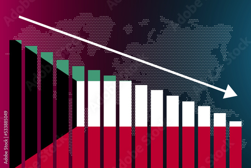Kuwait bar chart graph, decreasing values, crisis and downgrade concept, news banner idea, fail and decrease