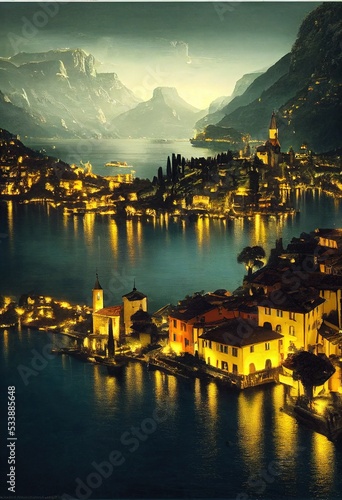 a landscape of a city at night at a lake