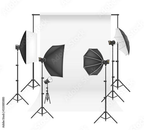 background in photo studio with flashes and softboxes on tripods vector illustration