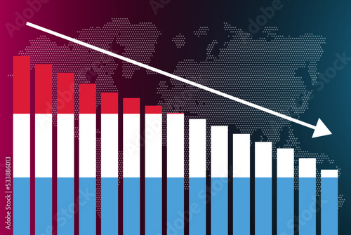 Luxembourg bar chart graph, decreasing values, crisis and downgrade concept, news banner idea, fail and decrease