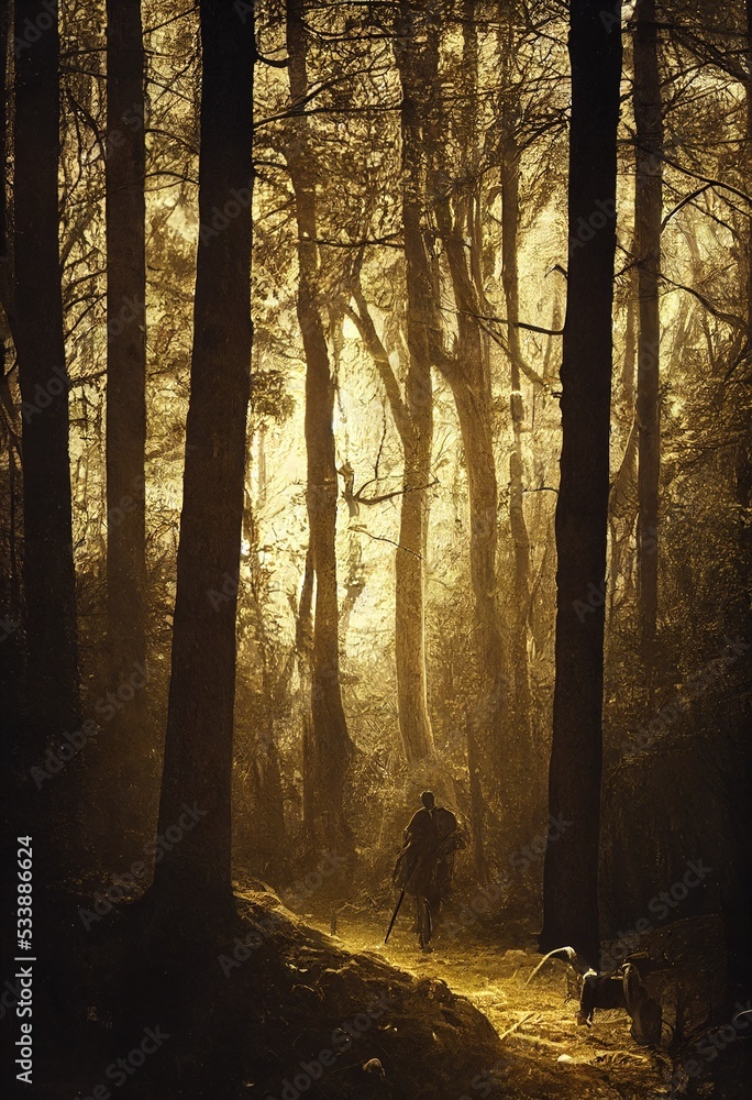 dark spooky forest trees drawing illustration misty moody foggy aumumn forest with soft light