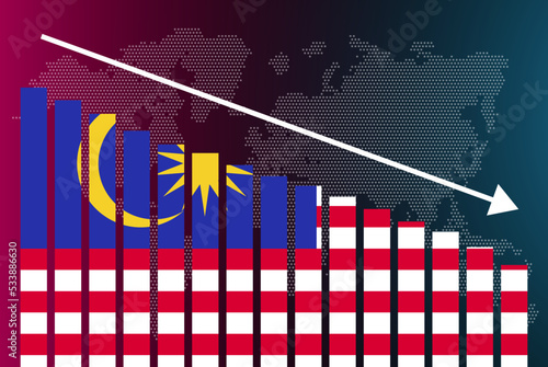 Malaysia bar chart graph, decreasing values, crisis and downgrade concept, news banner idea, fail and decrease