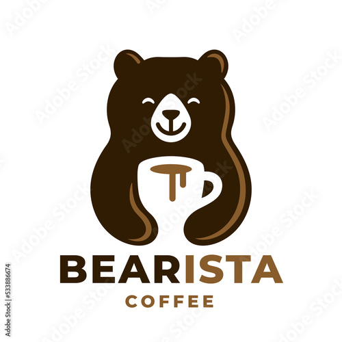 Coffee cup bear logo. Brown bear barista with coffee mug icon. Negative space hot drink symbol. Animal cafe latte emblem. Vector illustration.