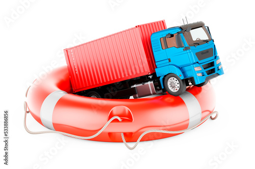 Cargo truck inside lifebelt, 3D rendering