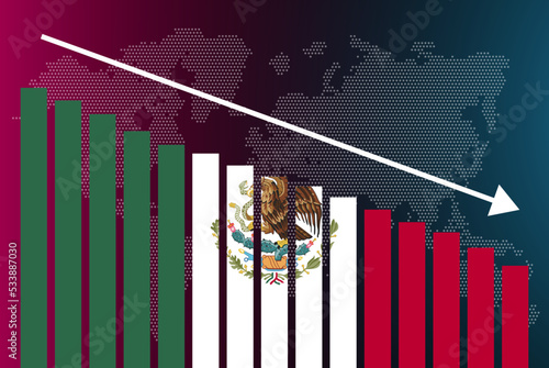 Mexico bar chart graph, decreasing values, crisis and downgrade concept, news banner idea, fail and decrease