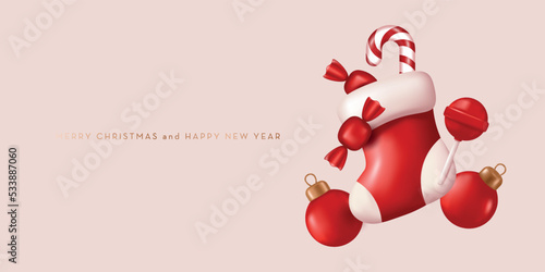Christmas composition with red sock and candies. Web banner with copy space. Vector Illustration in realistic 3D style