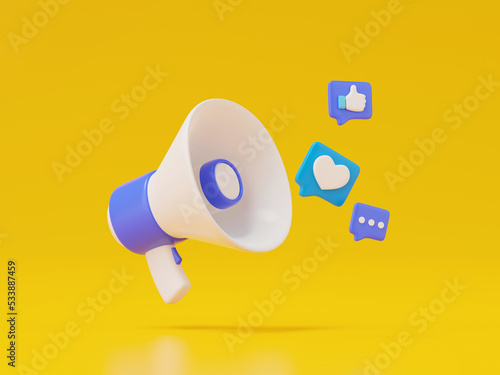 3d render of megaphone with speech bubble.
