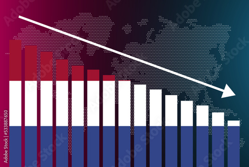 Netherlands bar chart graph, decreasing values, crisis and downgrade concept, news banner idea, fail and decrease