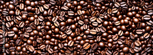 Coffee beans background. Banner size. 3d image