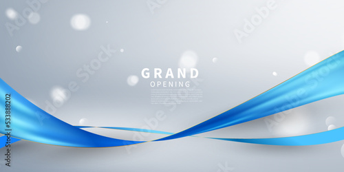 Design your opening card with blue ribbon with glittering bokeh. vector illustration business banner template