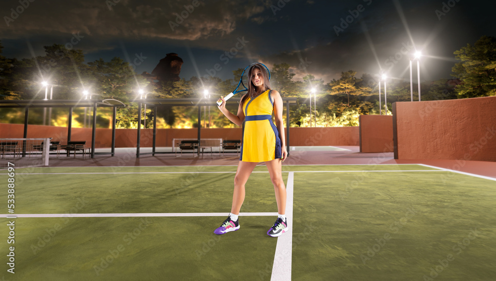 Woman playing tennis in professonal tennis court