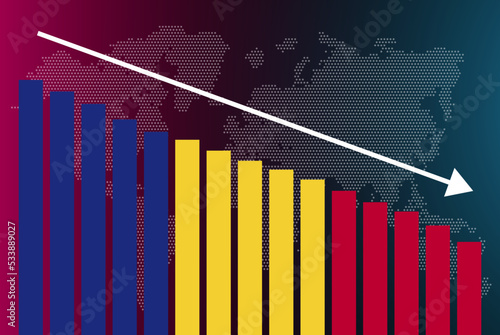 Romania bar chart graph, decreasing values, crisis and downgrade concept, news banner idea, fail and decrease