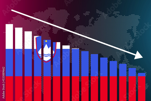 Slovenia bar chart graph, decreasing values, crisis and downgrade concept, news banner idea, fail and decrease