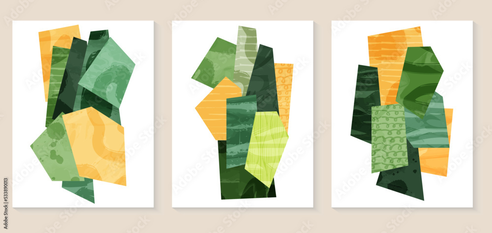 Abstract aesthetic eco green collage design. Organic nature shape vector illustration. Landscape pattern composition. Geometric field ornament. Contemporary poster collection, modern field background