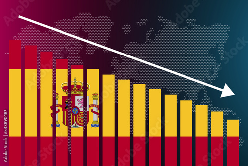 Spain bar chart graph, decreasing values, crisis and downgrade concept, news banner idea, fail and decrease